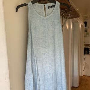 Zara blue chambray aline dress pockets! Raw hem XS